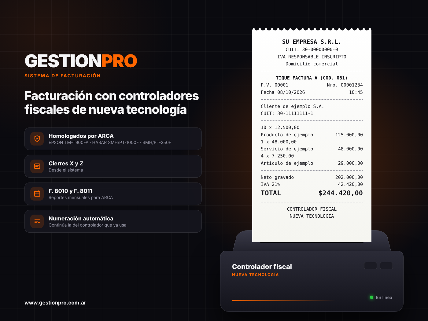 GESTIONPRO: facturación con controlador fiscal de nueva tecnología homologado por ARCA, tique factura, cierres X y Z y reportes F. 8010 y F. 8011
