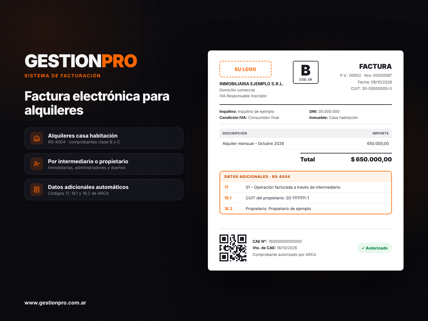 GESTIONPRO: factura electrónica para alquileres de inmuebles RG 4004 a través de intermediario, con datos adicionales 17, 18.1 y 18.2