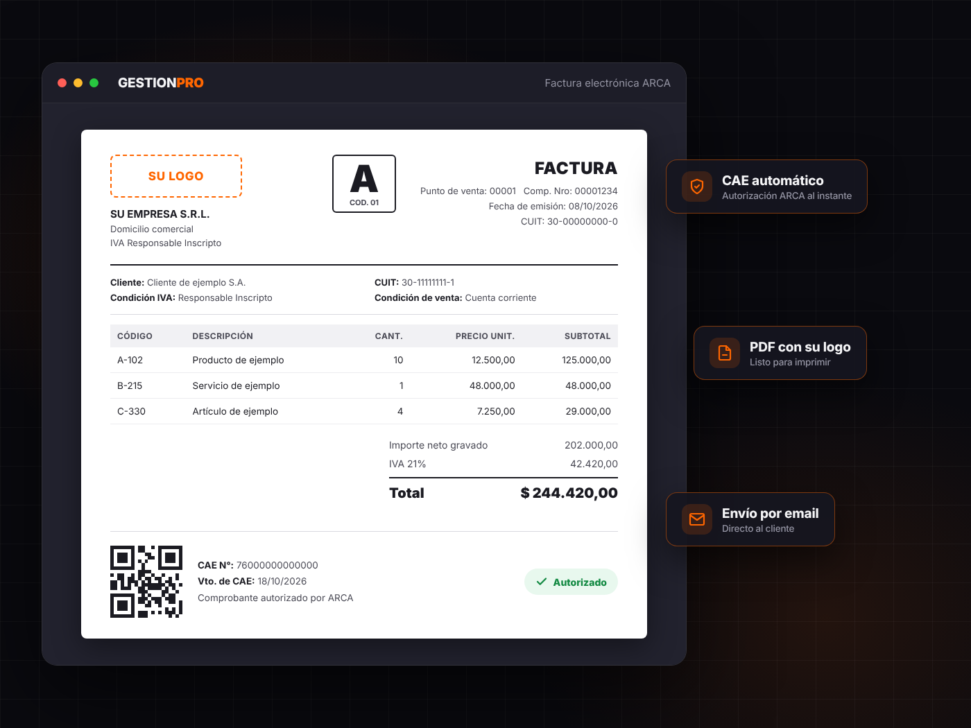 Factura electrónica ARCA con su logo, CAE y código QR generada con GESTIONPRO